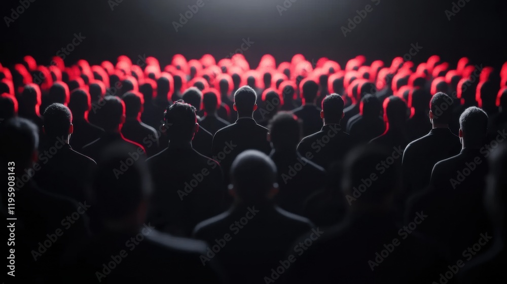 Obraz premium Aerial view of a crowd bathed in red light, creating a dramatic and unified atmosphere.