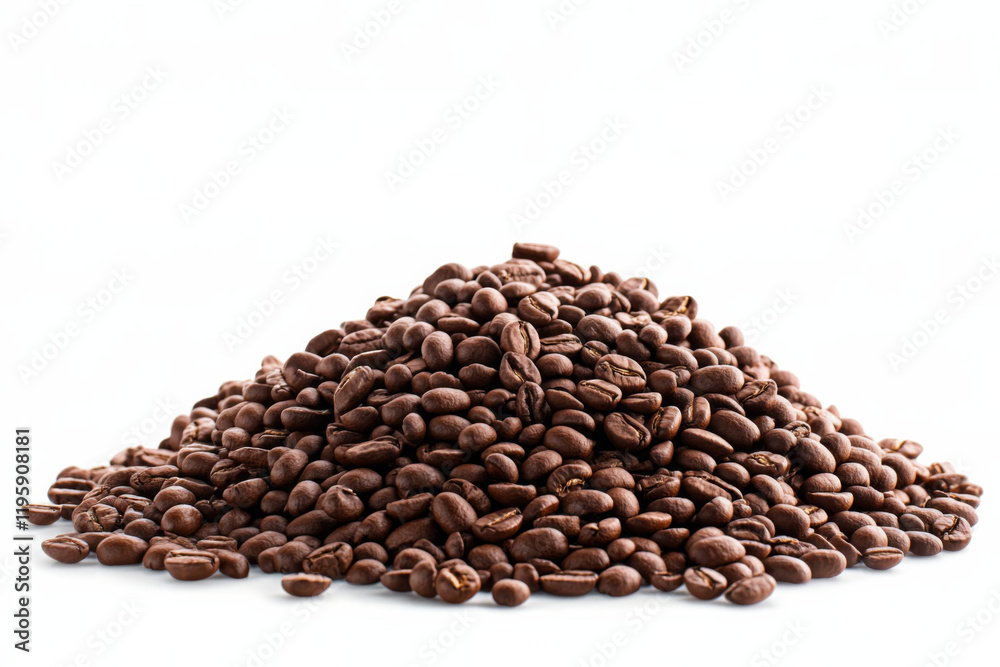 Freshly roasted coffee beans stacked in a mound on a white background
