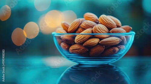 Almonds in glass bowl, night bokeh, healthy snack