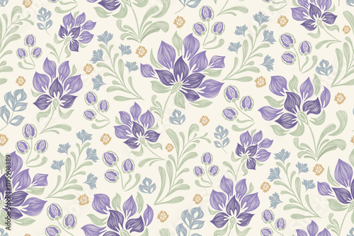 Vintage floral ethnic tapestry modern embroidery texture boho design vector illustration hand drawn silhouette indigo blue flower motif branches leaves wallpaper seamless background border.