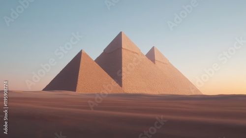 A serene view of the Egyptian pyramids standing majestically against the vast, sandy desert and a clear blue sky at sunrise. photo