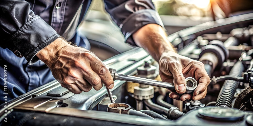 Skilled mechanic repairs engine in auto shop during afternoon light with tools in hand and focus on task Skilled mechanic repairs engine in auto shop during afternoon light with tools in hand and focus on task