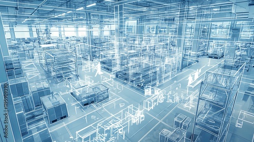 Digital representation of warehouse augmented with virtual blueprints of logistics systems