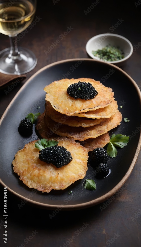 Crispy potato pancakes topped with black caviar and truffle oil, served with crème fraîche, red wine, and vintage silverware, creating an indulgent Crispy potato pancakes topped with black caviar and truffle oil, served with crème fraîche, red wine, and vintage silverware, creating an indulgent