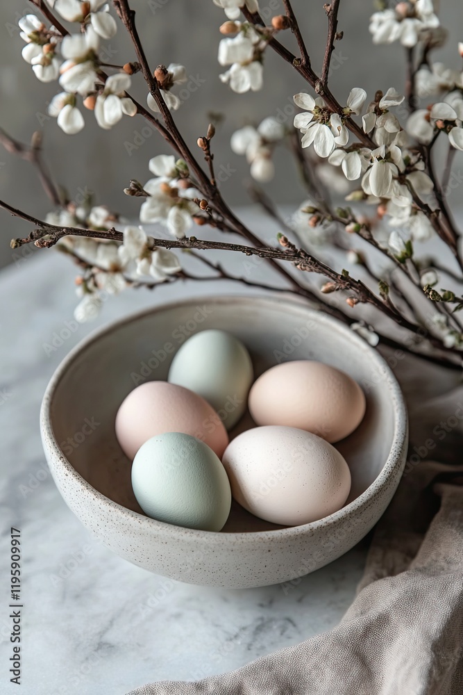 Delicate eggs in soft pastel hues rest in simple bowl, surrounde Delicate eggs in soft pastel hues rest in simple bowl, surrounde