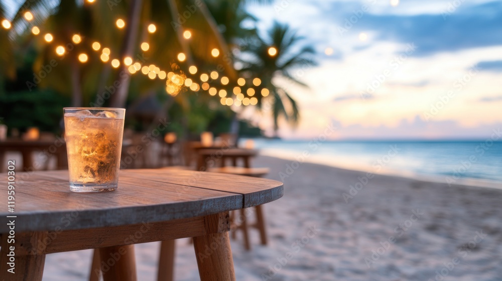 A beach party at twilight with blurred people, cozy string lights, and a drink on a wooden table, evoking a serene and festive atmosphere. A beach party at twilight with blurred people, cozy string lights, and a drink on a wooden table, evoking a serene and festive atmosphere.