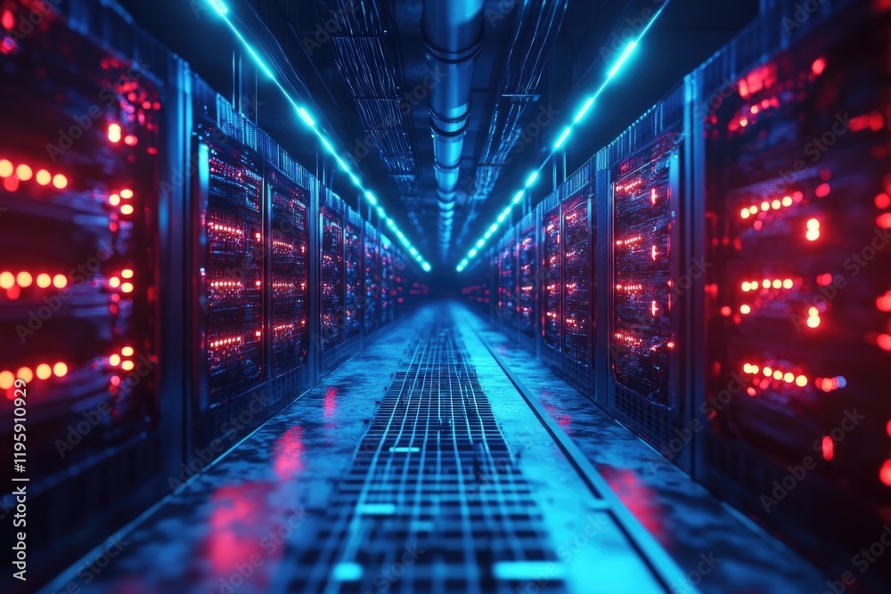 Obraz premium Illuminated corridor lined with high-tech servers radiating vibr