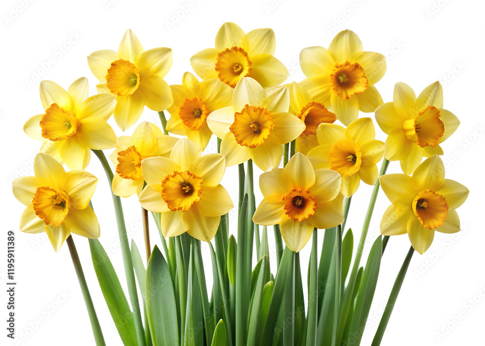 Bright yellow daffodils in full bloom create a vibrant spring bouquet displayed against a simple white background Bright yellow daffodils in full bloom create a vibrant spring bouquet displayed against a simple white background