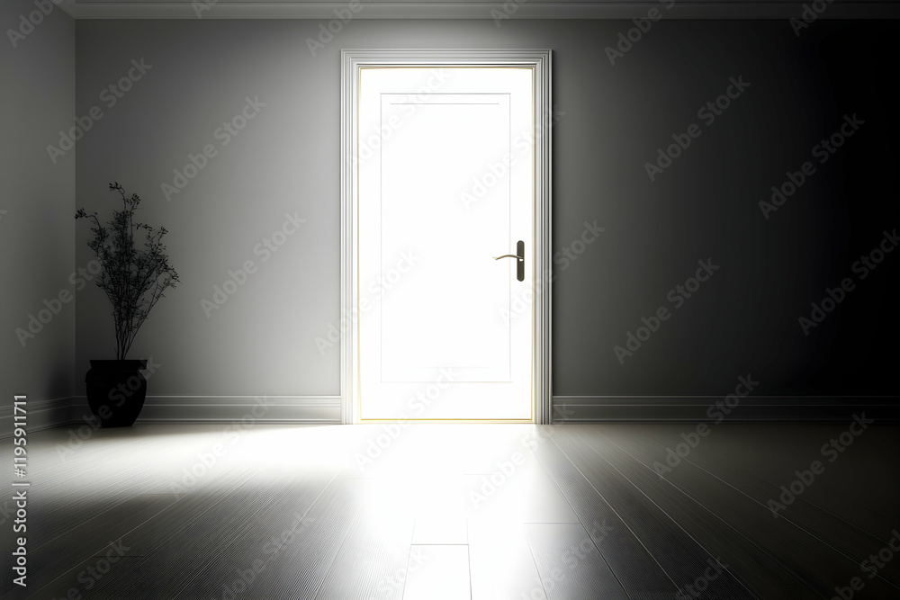 Bright light from open door in dark room, plant in corner, wood floor. Hope, new beginnings, opportunity, future, potential, website design Bright light from open door in dark room, plant in corner, wood floor. Hope, new beginnings, opportunity, future, potential, website design