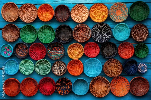 A collection of colorful handmade baskets. Generative AI photo