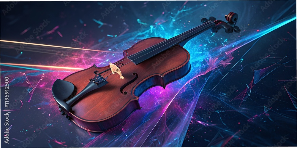 Fototapeta premium Violin resting on a colorful background with abstract light effects illuminating its curves in a dynamic and artistic composition wallpaper background