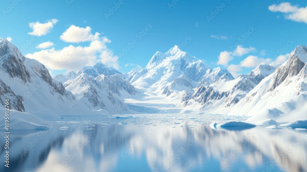 A serene Arctic winter landscape featuring large glaciers and a frozen sea under a clear blue sky, with snow-capped mountains reflected in calm waters. A serene Arctic winter landscape featuring large glaciers and a frozen sea under a clear blue sky, with snow-capped mountains reflected in calm waters.