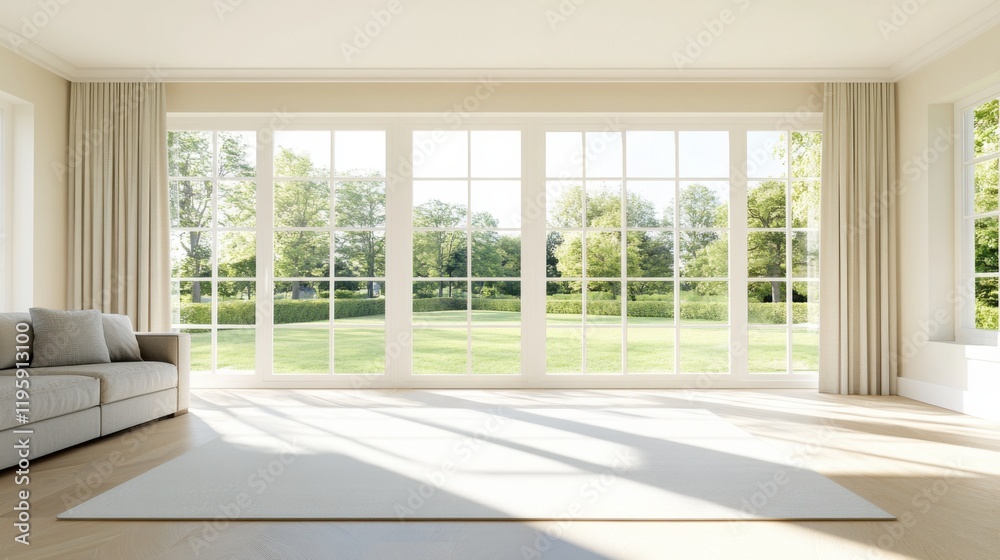 Fototapeta premium Bright and spacious living room with large windows overlooking a lush garden. Minimalist design with neutral tones and soft lighting.