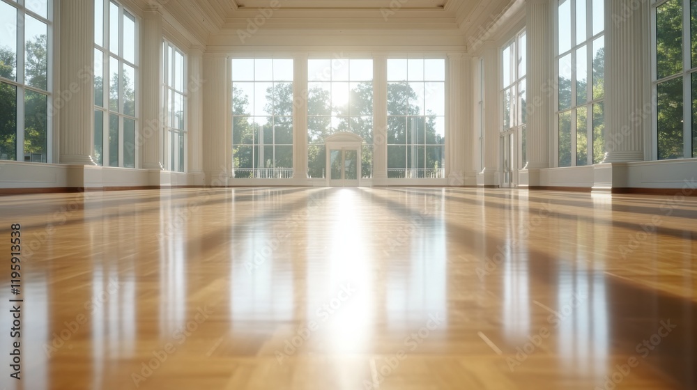 Fototapeta premium An elegant, sunlit museum hall with large windows casting soft light across a polished wooden floor, creating a serene and open atmosphere.