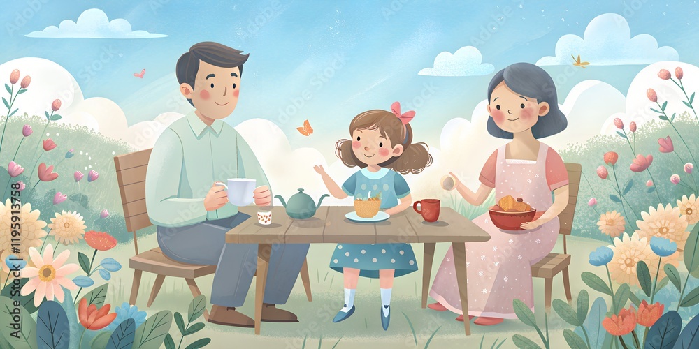 Family enjoying a sunny picnic in a flower-filled garden while sharing snacks and drinks together Family enjoying a sunny picnic in a flower-filled garden while sharing snacks and drinks together