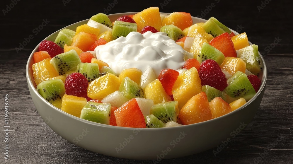 Fruit salad with yogurt, dark wood background, healthy food Fruit salad with yogurt, dark wood background, healthy food