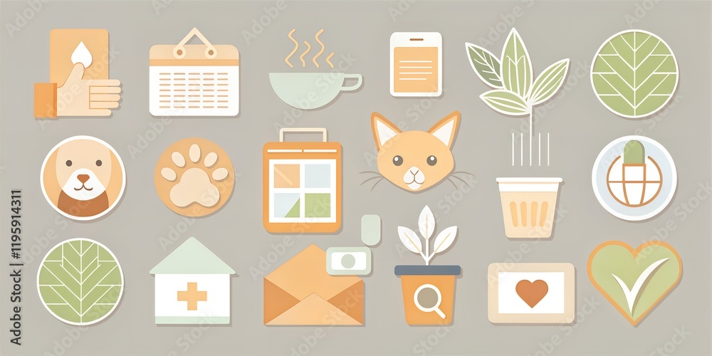 Collection of cute icons representing pets, plants, and everyday objects in a flat design style with soft colors Collection of cute icons representing pets, plants, and everyday objects in a flat design style with soft colors