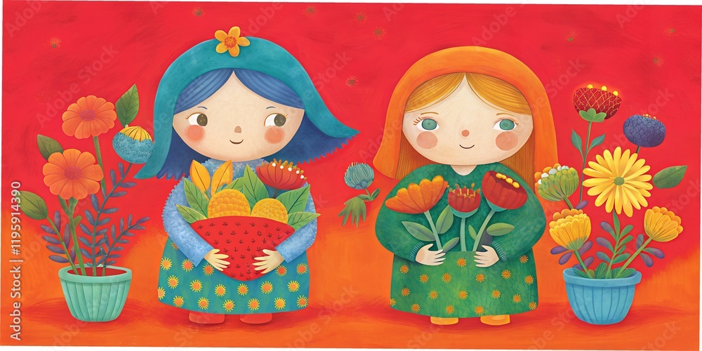 Fototapeta premium Colorful illustration of two girls holding vibrant flowers against a cheerful background with a warm color scheme