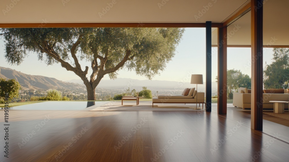 Fototapeta premium A lavish outdoor garden scene in the morning features a modern patio with teak furniture and an expansive view of mountains and lush greenery.