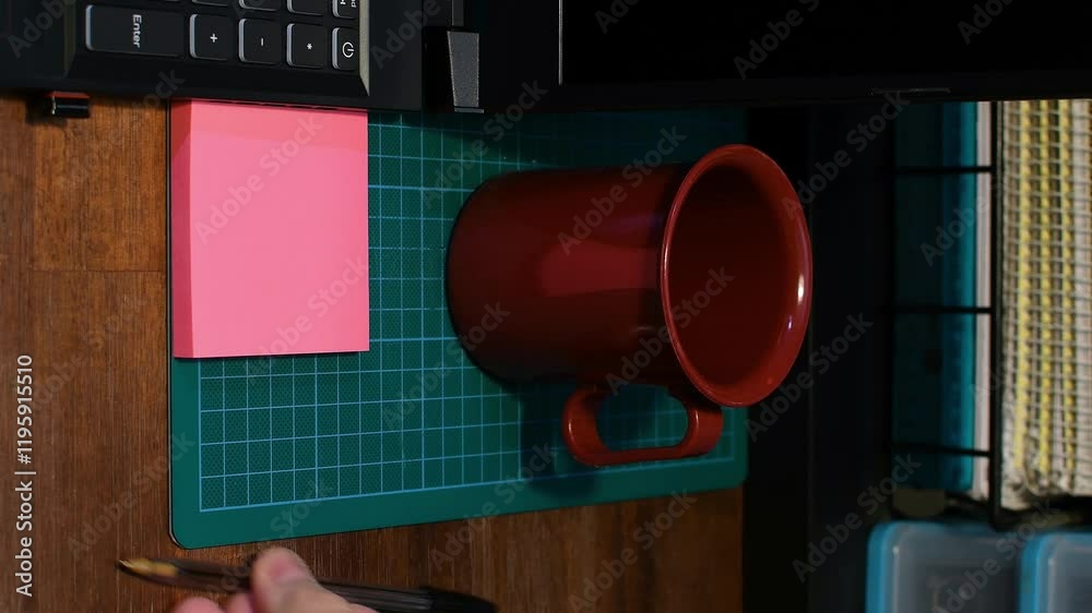Office setting laptop man’s hand arranging note pad pen on desk Obsessive Compulsive Disorder ritual OCD concept vertical video