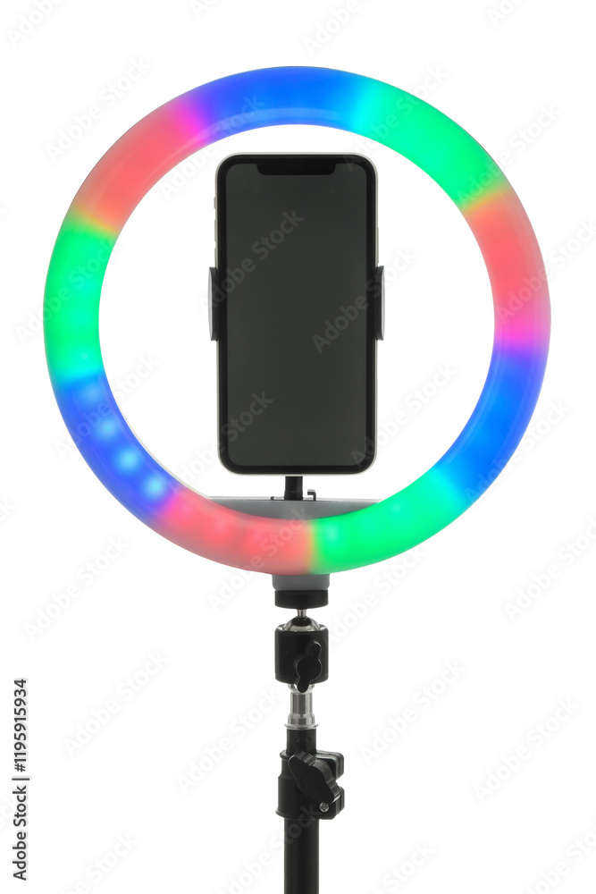 Tripod with ring light and smartphone isolated on white Tripod with ring light and smartphone isolated on white