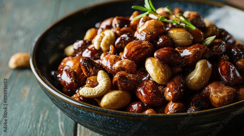 Honey-glazed nuts bowl, rustic wood, close-up, snack Honey-glazed nuts bowl, rustic wood, close-up, snack