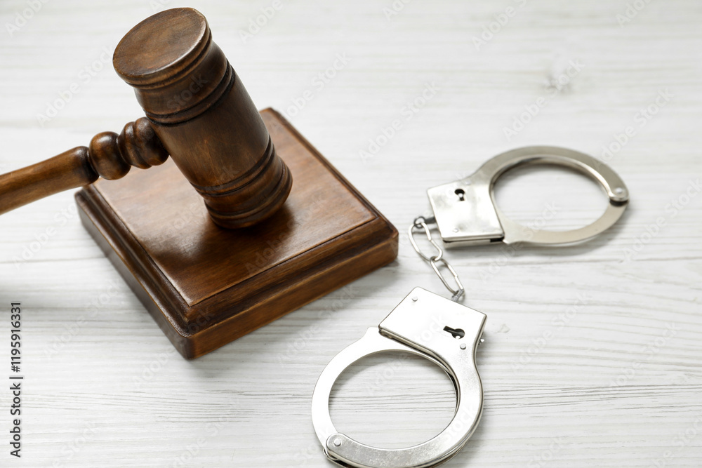 Handcuffs and judge's gavel on white wooden table, closeup Handcuffs and judge's gavel on white wooden table, closeup