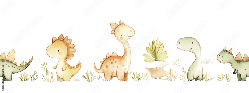Obraz premium Cute Watercolor Dinosaurs Seamless Border Isolated on White Background