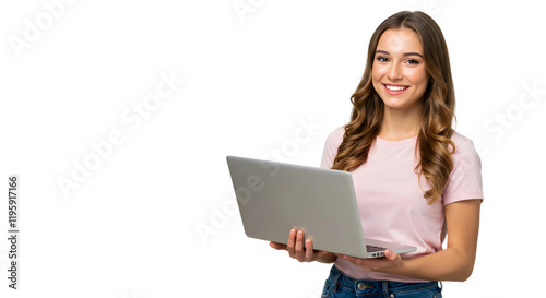 Portrait of cheerful young woman standing isolated over transparent background using laptop computer. Looking camera