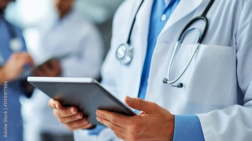 Medico reviewing patient information using technology in a modern hospital setting for improved healthcare delivery