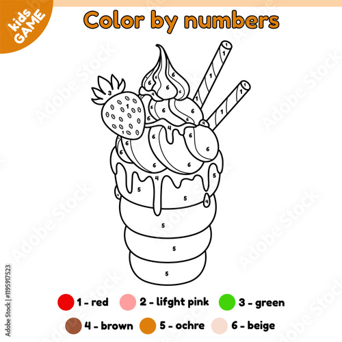Page of the coloring book by numbers for children. Trdelnik is traditional Czech street food. Trdlo with cream, chocolate glaze. Kids activity book. Color the outline picture. Baby vector illustration