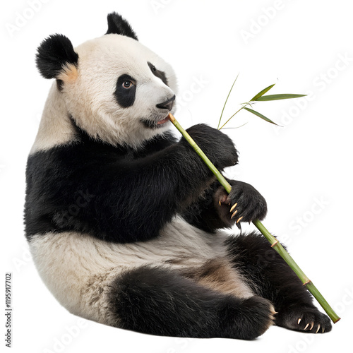 Cute panda sitting and eating bamboo on a white background in a playful manner  PNG  transparent