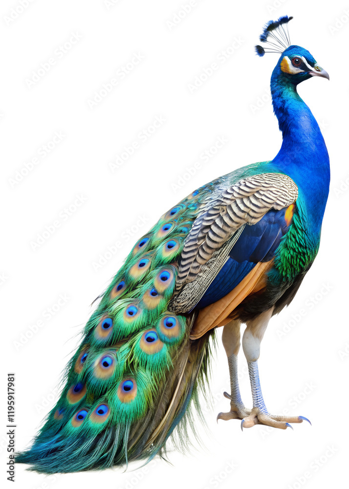 Obraz premium Majestic peacock displaying vibrant plumage in natural surroundings during daytime PNG transparent
