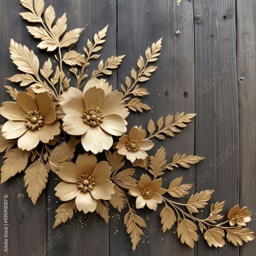 Rustic wood planks engraved with floral pattern 