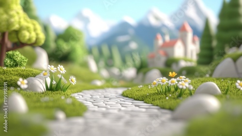 A whimsical path leads to a distant castle surrounded by lush green lawns and wildflowers, set against a serene mountainous backdrop.