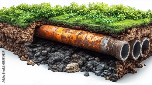 Rusty pipeline buried beneath lush landscape, rusty pipeline embedded within the earth, with vibrant green vegetation growing above