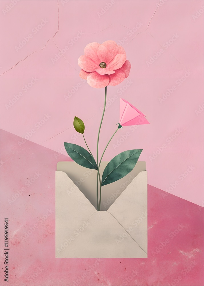 Fototapeta premium Beautiful pink flowers emerging from an envelope against a soft pink background, creating a whimsical and artistic composition