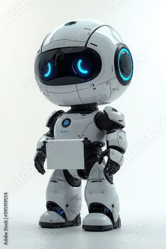 Cute futuristic robot holding a blank sign for customizable messages photo