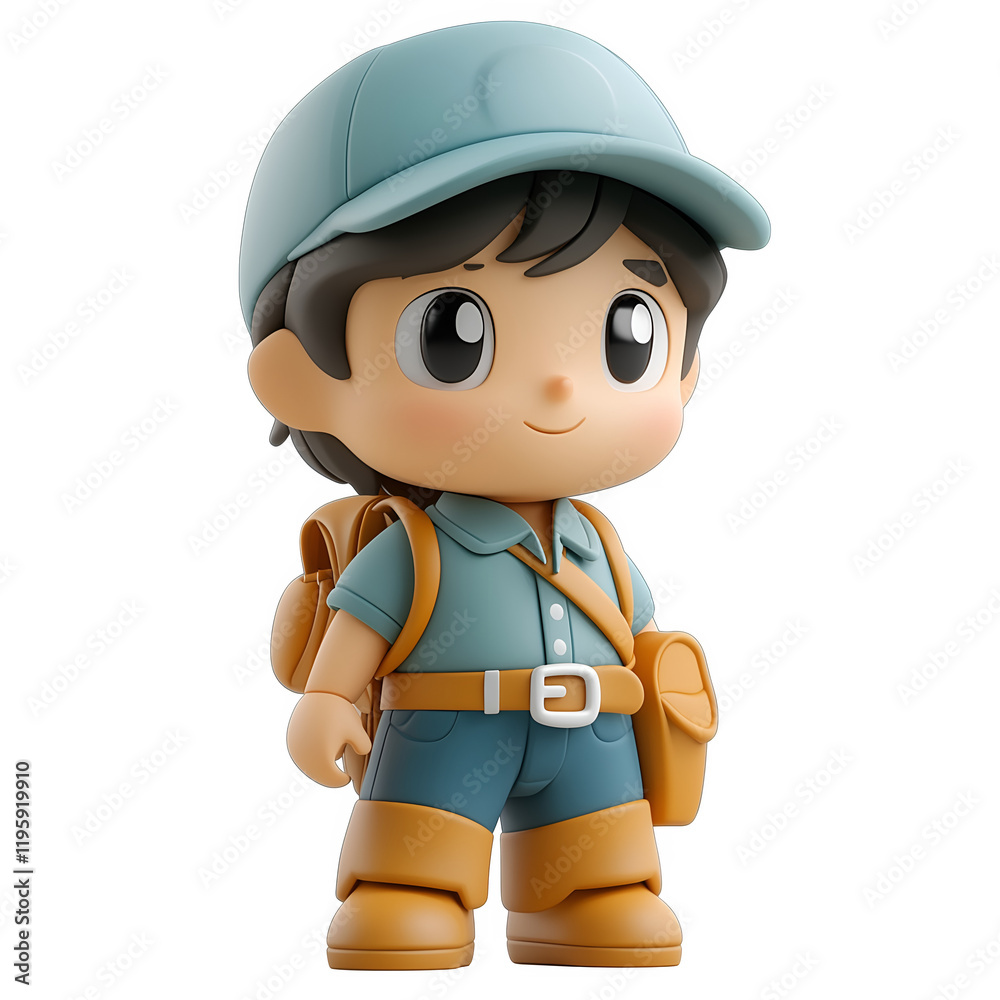 3D little boy with a backpack, postman, character icon - transparent image, png. 3D little boy with a backpack, postman, character icon - transparent image, png.