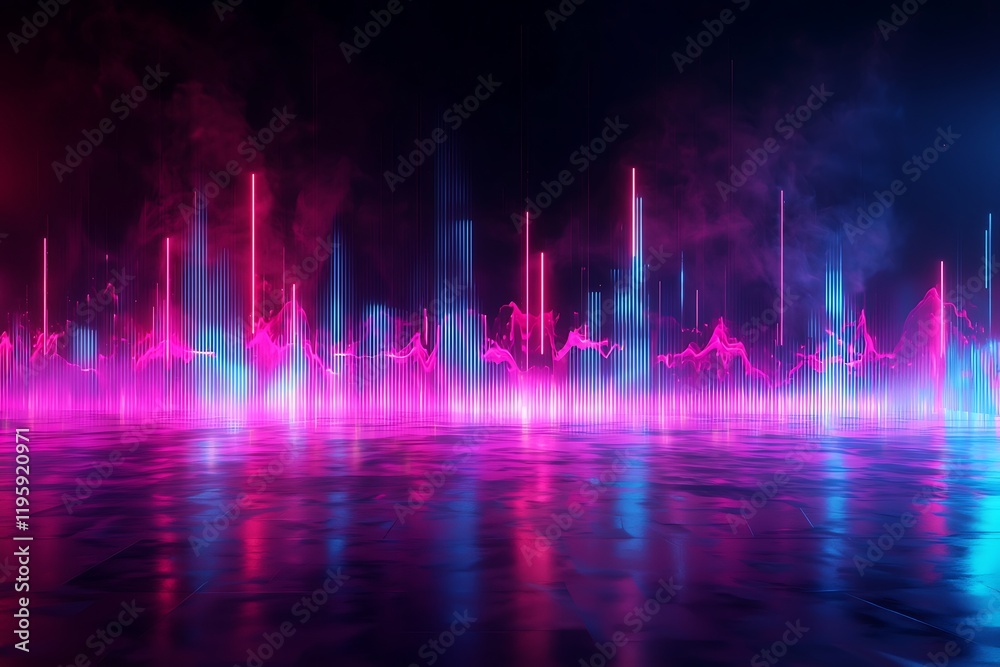 3D render, abstract panoramic background with pink blue wavy lines Glowing neon light, impulse equalizer chart in ultraviolet spectrum 3D render, abstract panoramic background with pink blue wavy lines Glowing neon light, impulse equalizer chart in ultraviolet spectrum