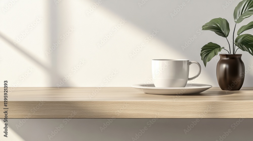 A minimalistic kitchen scene with a white cup on a saucer beside a small brown vase with green leaves. The background is softly blurred, evoking a calm summer mood. A minimalistic kitchen scene with a white cup on a saucer beside a small brown vase with green leaves. The background is softly blurred, evoking a calm summer mood.