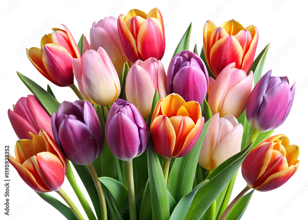 Colorful tulips arranged in a vibrant bouquet showcasing seasonal blooms in a sunny atmosphere PNG transparent Colorful tulips arranged in a vibrant bouquet showcasing seasonal blooms in a sunny atmosphere PNG transparent