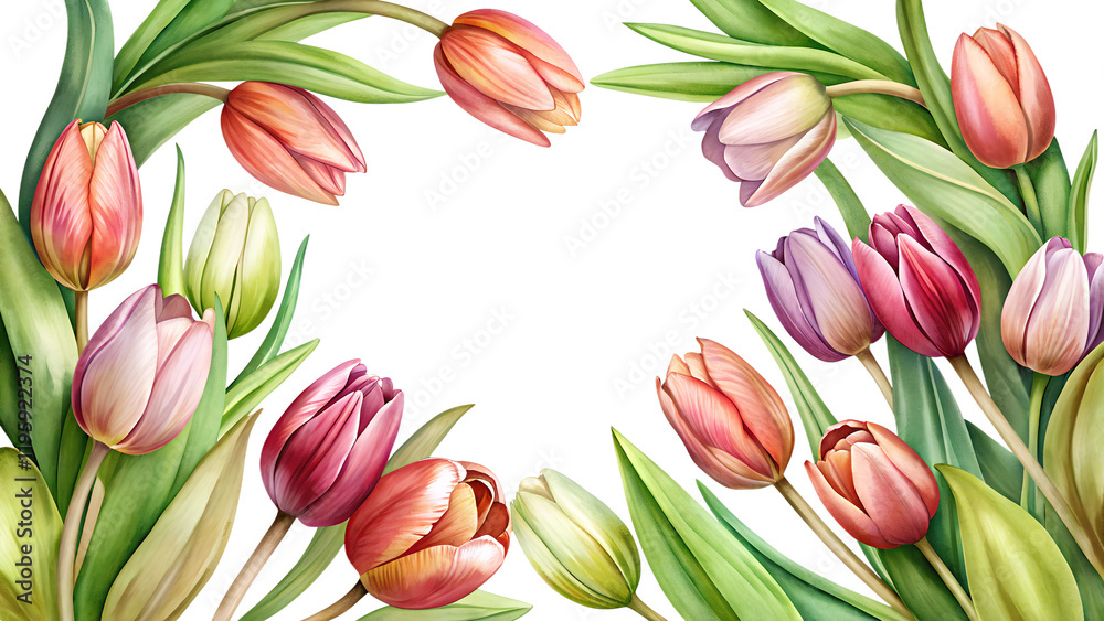Obraz premium Vibrant tulip arrangement with various colors and lush green leaves for spring decoration ideas PNG transparent