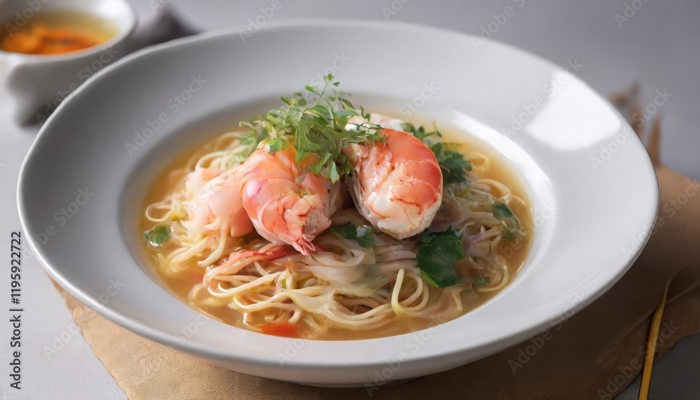 A bowl of instant ramen topped with butter-poached lobster tail, green onions, edible flowers, and a wedge of lime, served with black chopsticks A bowl of instant ramen topped with butter-poached lobster tail, green onions, edible flowers, and a wedge of lime, served with black chopsticks