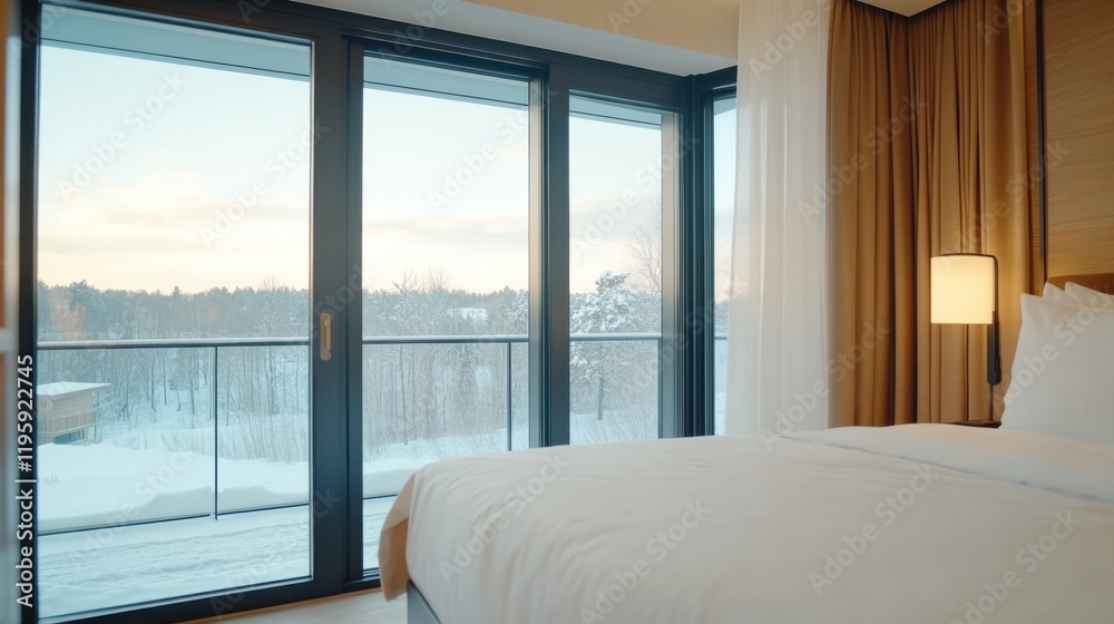 Fototapeta premium A minimalist Scandinavian bedroom features a bed with white linens next to large windows overlooking a snowy landscape, creating a serene atmosphere.