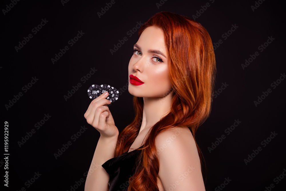 Fototapeta premium Photo of stunning lovely girl model hold casino chips dressed dress isolated on black color background