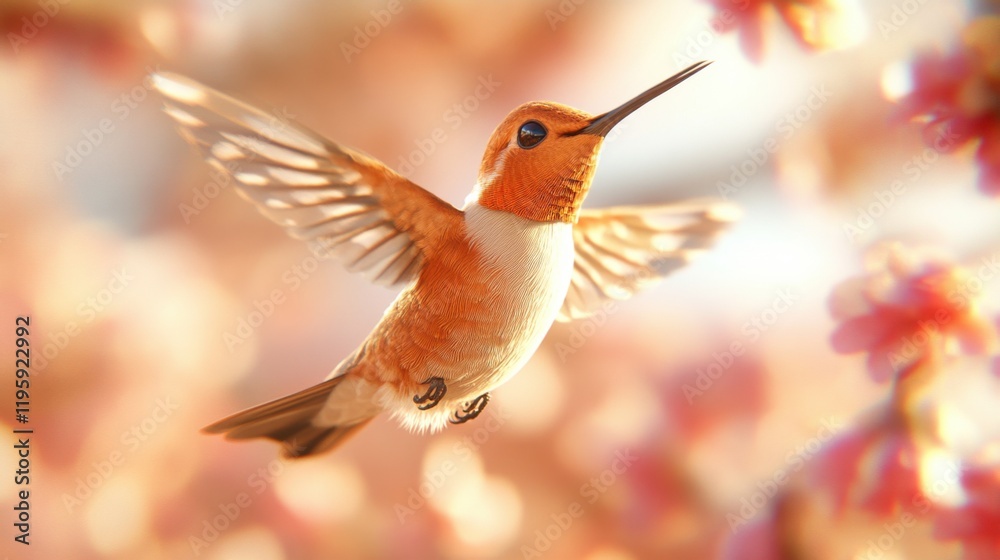 Fototapeta premium A vibrant hummingbird hovers gracefully near blossoms, poised to extract nectar on a sunny day. The scene epitomizes nature's elegance and vitality.