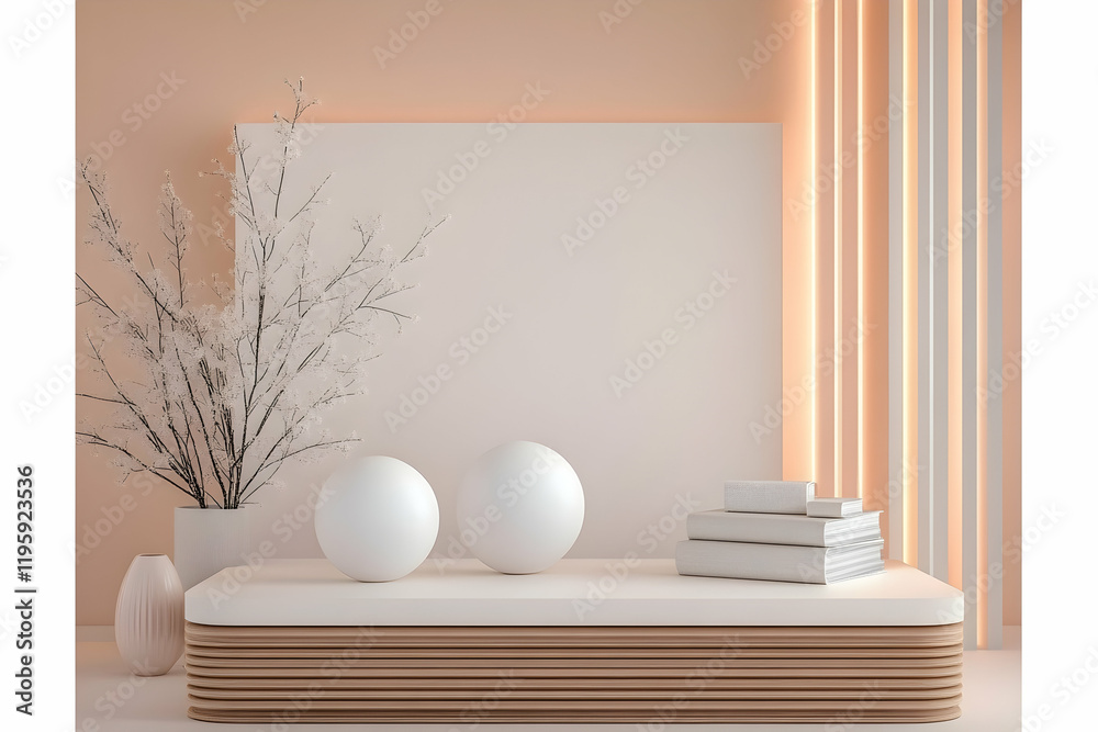 Fototapeta premium Minimalist peach room decor with white spheres, books, and branches; ideal for website backgrounds or interior design blogs