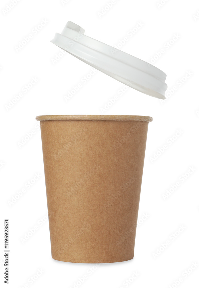 Paper cup with lid on white background. Mockup for design Paper cup with lid on white background. Mockup for design