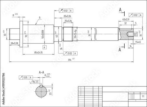 Assembly drawing of shaft of electrical reducer.
Vector design of steel mechanical device with 
dimension lines.
Engineering technic computer cad scheme on 
paper sheet. Hand drawn pencil sketch.